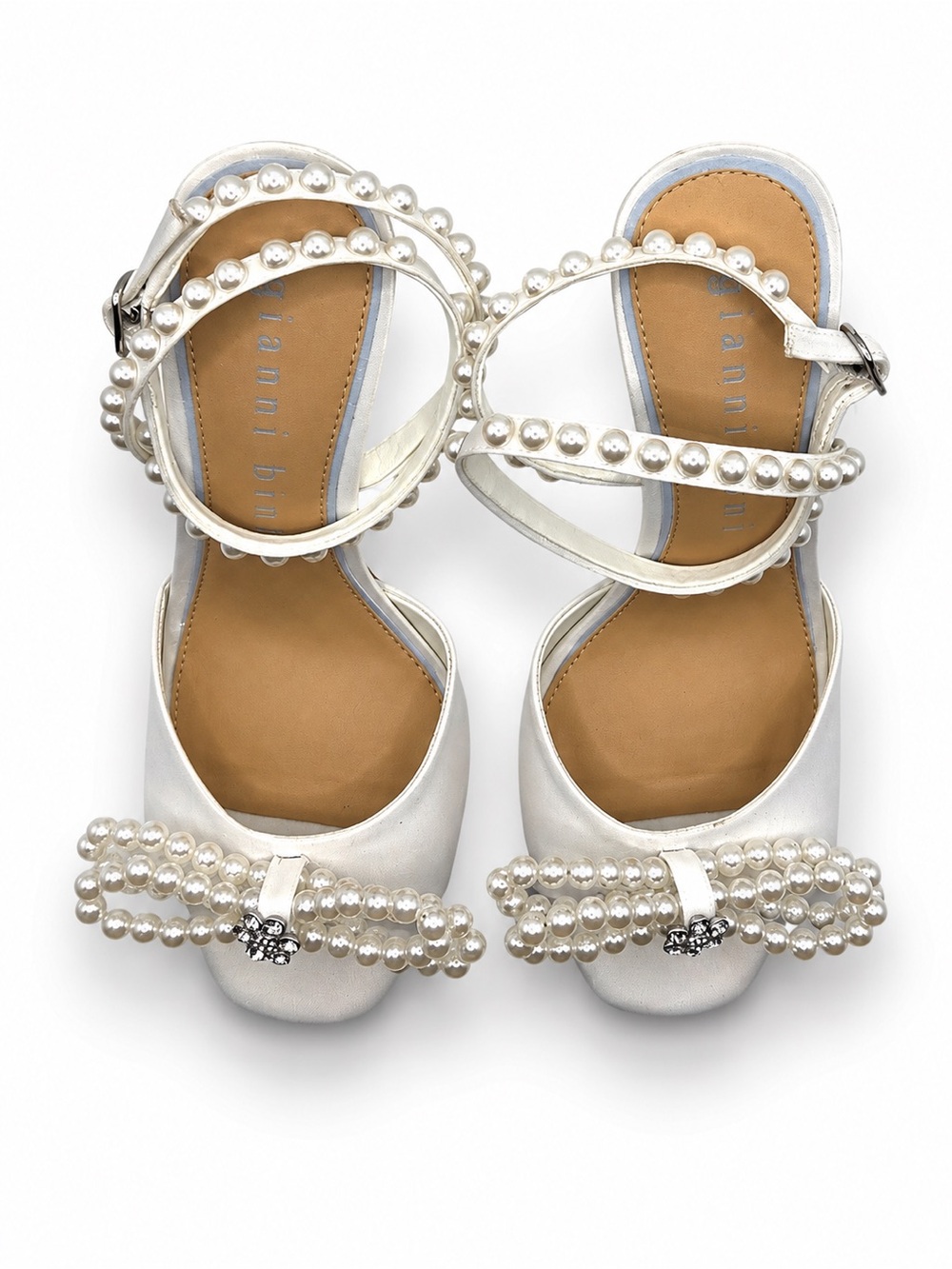 Gianni Bini HaydnTwo White Satin Pearl Bow Ankle Strap Dress Sandals Size 8.5M - Picture 9 of 11